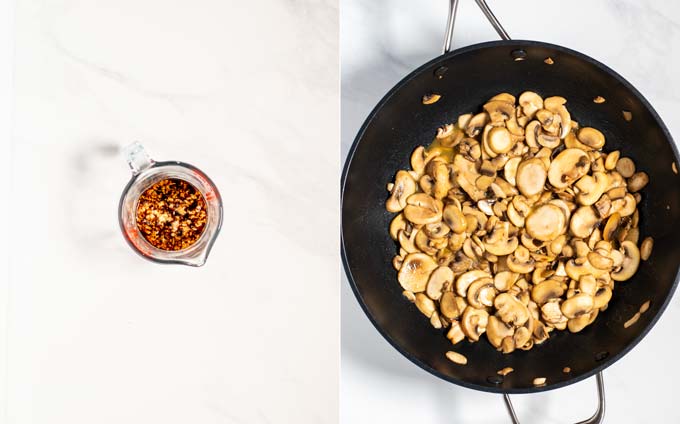 Side by side view of the sauce for the sautéed mushrooms, and the plain mushrooms in a pan.