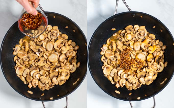 Two step-by-step pictures showing how the sauce is mixed with the mushrooms oil a pan.