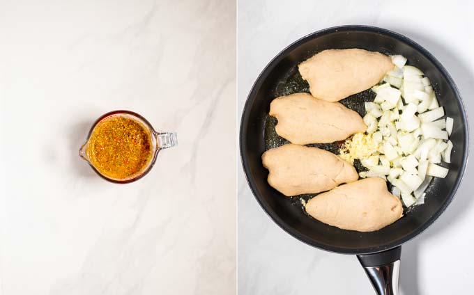 Side by side view of a small bowl of the sauce and a pan with vegan chicken and onions being fired.