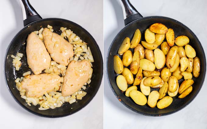 Side by side view of fried chicken and onions and potatoes. 