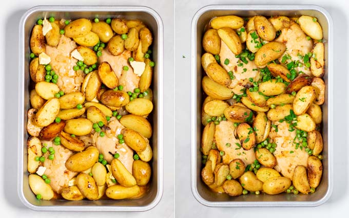 Side by side view of a baking pan with the Chicken Vesuvio before and after baking in the oven.