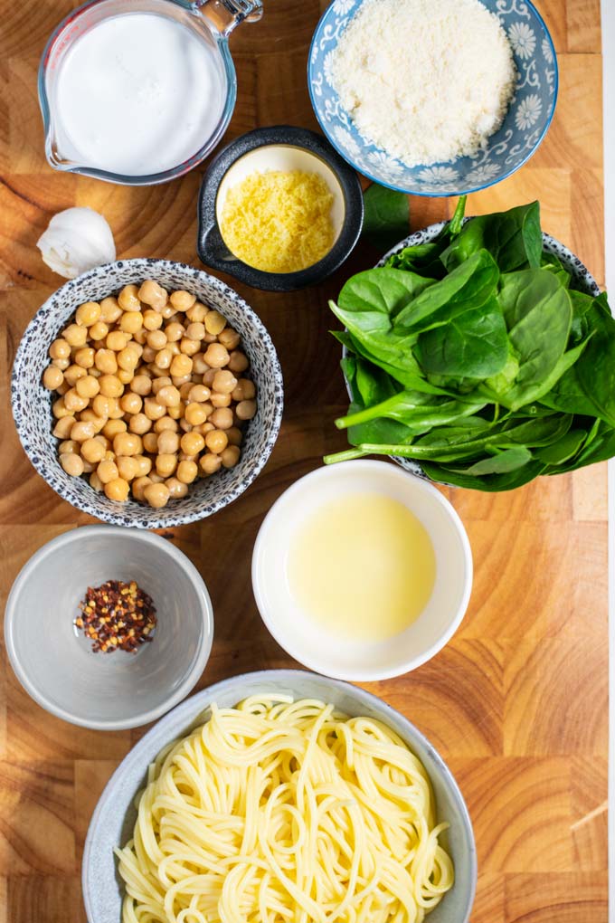 Ingredients needed to make Chickpea Pasta are assembled before preparation.
