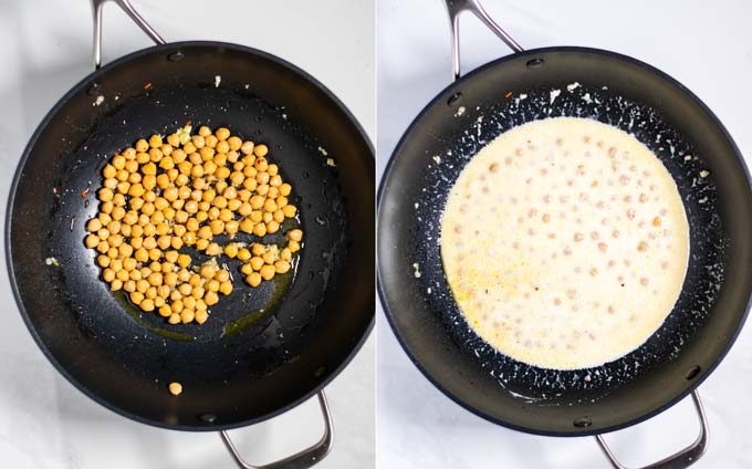 Side by side view of a large frying pan, showing first how chickpeas are toasted with garlic, then mixed with coconut milk.