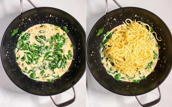 Step by step pictures of adding first fresh spinach and then precook pasta to the pan with the chickpeas and coconut milk.