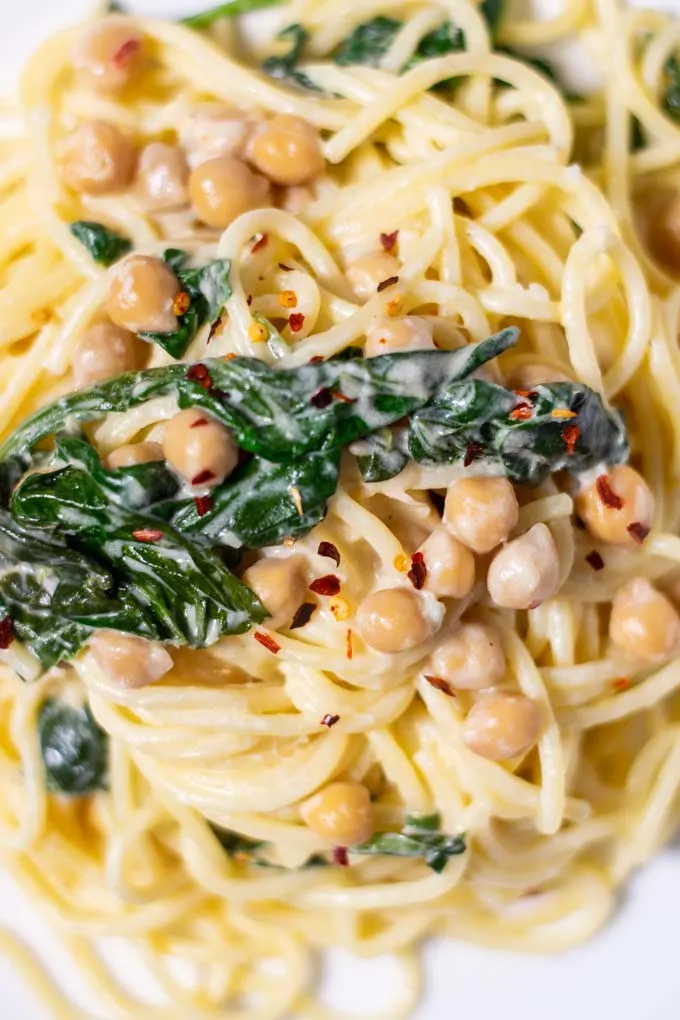 Closeup on the served Chickpea Pasta.