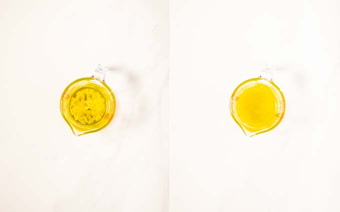 Side by side view of a small mixing jar with garlic sauce.