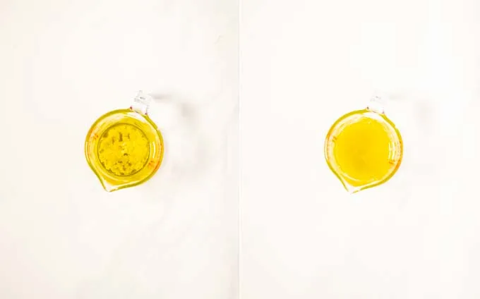 Side by side view of a small mixing jar with garlic sauce.