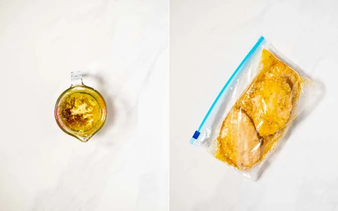 Step by step picture showing a small jar with the Green marinade and how chicken is marinated in it in a ziplock bag.