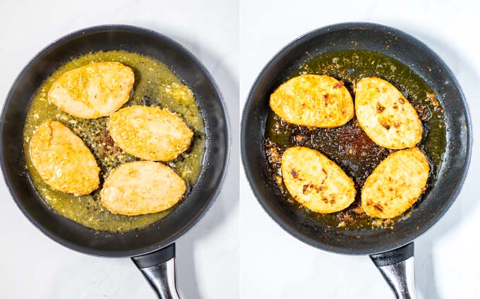Side by side view how Greek Chicken is fried in a pan.