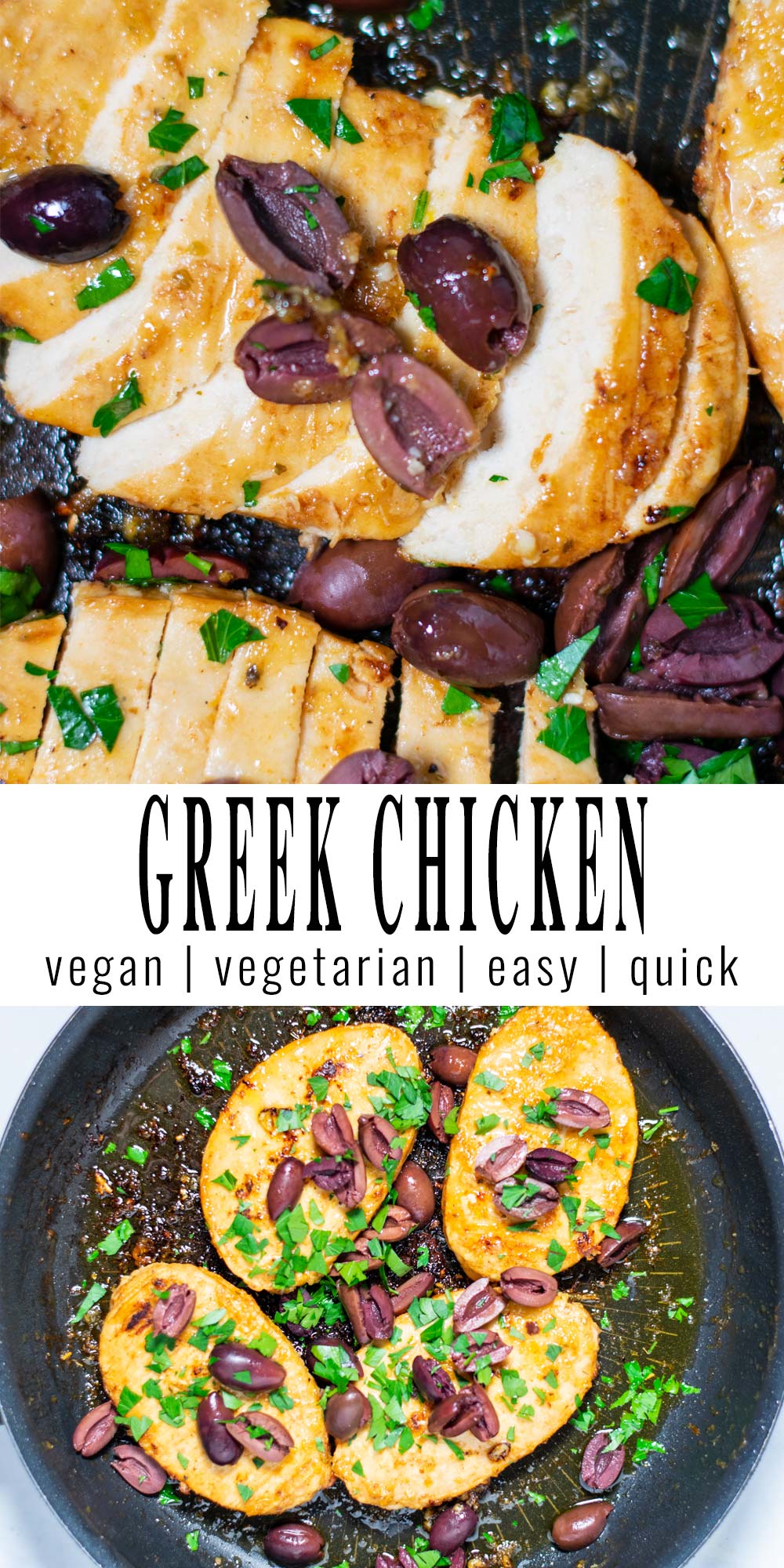 Collage of two pictures of Greek Chicken with recipe title text.