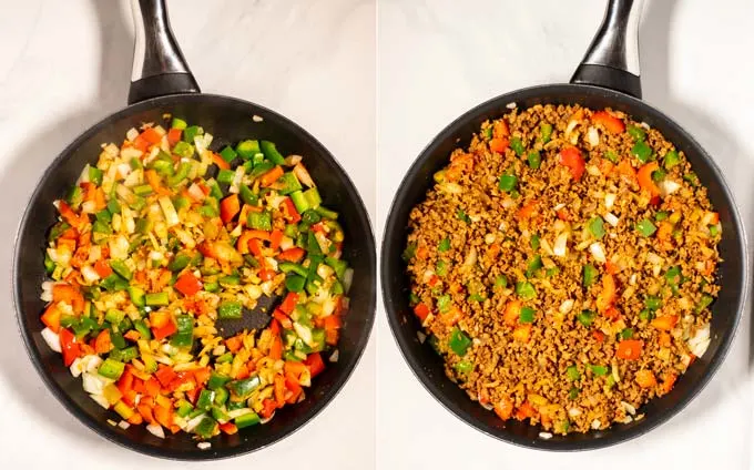 Step by step picture showing how first bell pepper and then vegan ground beef is fried.