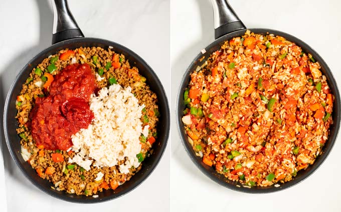 Step by step picture showing how rice and tomato sauce is mixed with vegetables and ground beef.