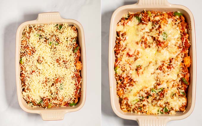 Side by side view of a casserole before and after baking.