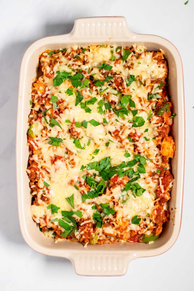 Ready Stuffed Pepper Casserole garnished with fresh herbs.