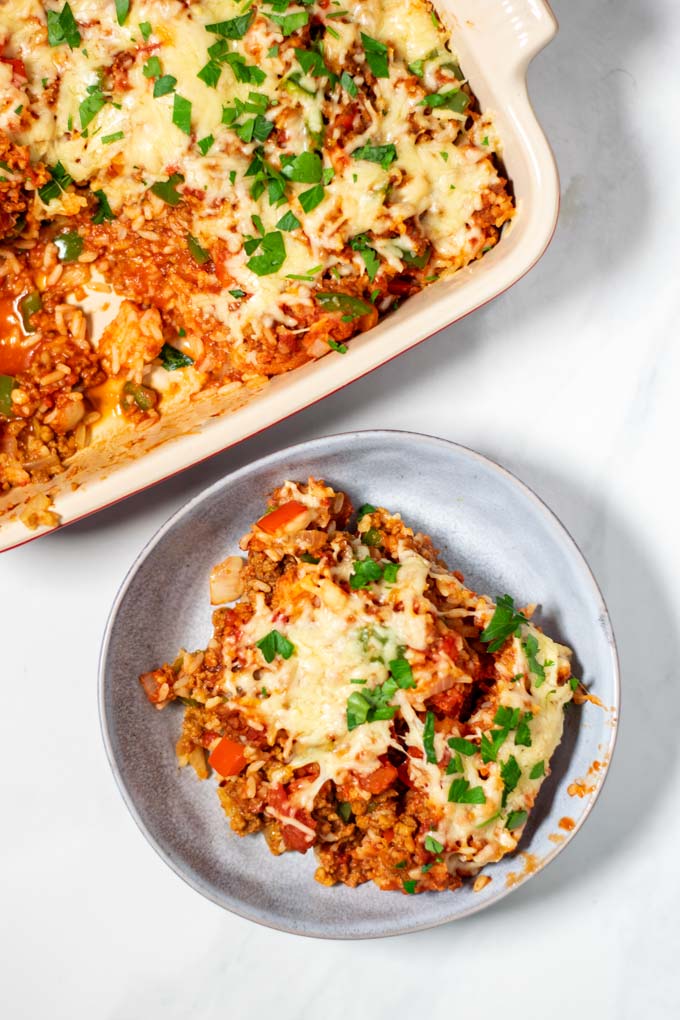 Top view of a portion of Stuffed Pepper Casserole on a plate.