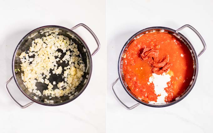 Side by side view of a large pot, showing how first onions are sautéed, then mixed with crushed tomatoes, tomato paste and the rest of the soup ingredients.