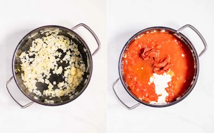 Side by side view of a large pot, showing how first onions are sautéed, then mixed with crushed tomatoes, tomato paste and the rest of the soup ingredients.