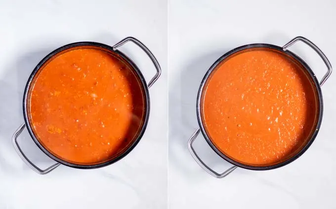 Double view of the Tomato Soup before and after the pureeing step.