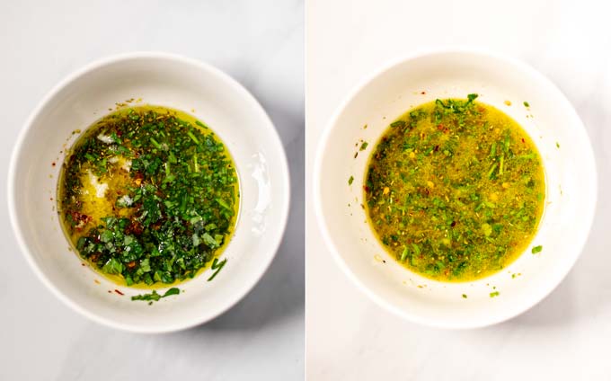 Side by side views of how to make the dressing for the Avocado Salad. 