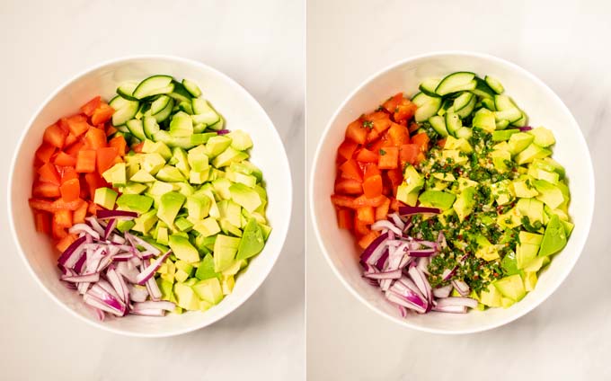 Side by side views showing how the Avocado Salad is mixed with the dressing.