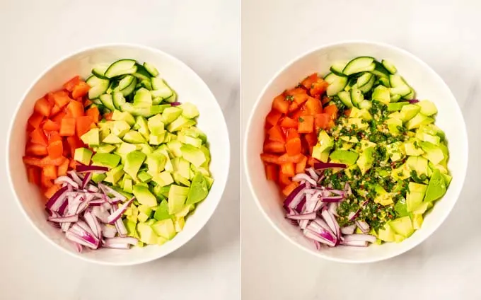 Side by side views showing how the Avocado Salad is mixed with the dressing.