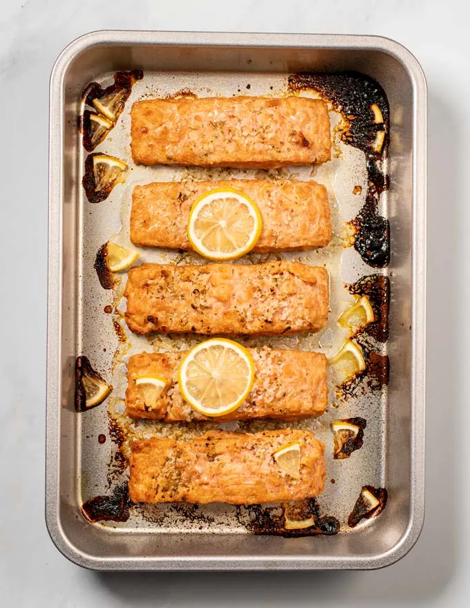 Baking dish with the Baked Salmon as it comes out of the oven.