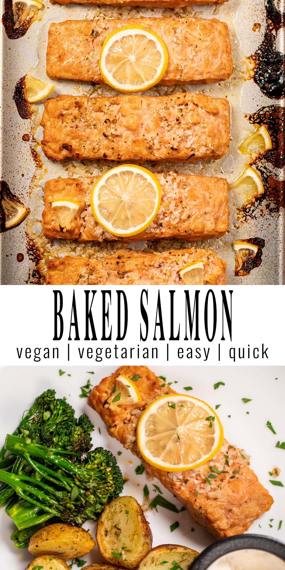 Collage of two pictures of Baked Salmon with recipe title text.