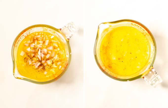 Side by side view of a small glass jar showing the preparation of the dressing.