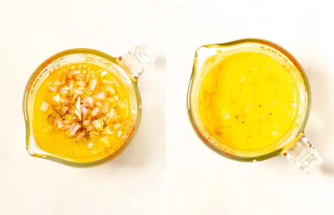 Side by side view of a small glass jar showing the preparation of the dressing.
