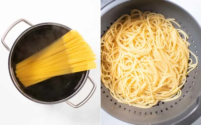 Step by step pictures showing how pasta is cooked and then drained.