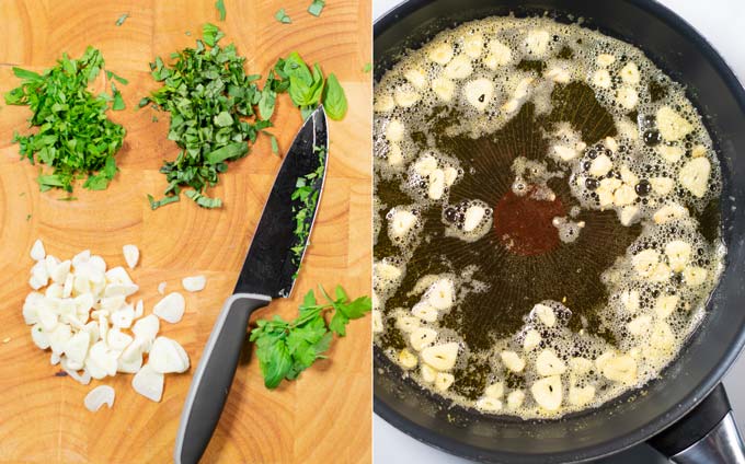 Side by side view of two steps in making Garlic Pasta. First, finally chopping basil, parsley and garlic on a cutting board. Second, the garlic slices are browned in a mix of olive oil and butter.