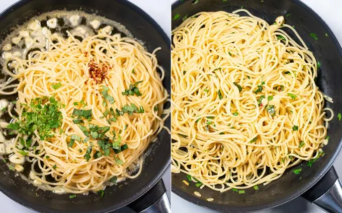 Step by step pictures showing how pasta, herbs, and spices are mixed with the browned garlic.