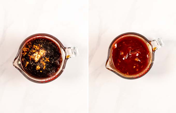 Side by side view of how the Huli Huli marinade is prepared in a glass jar.