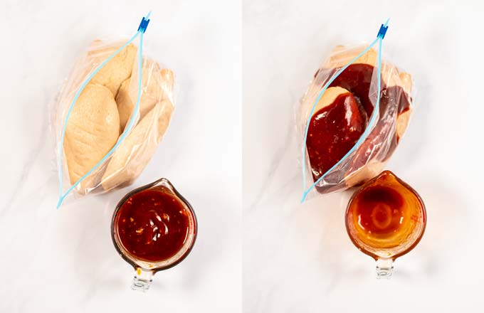 Step by step instructions on how to marinade the vegan chicken using a ziploc bag.