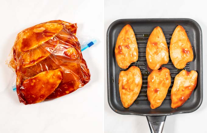 Double view of the marinating chicken filets in a bag, and after transferring them to a grill pan.