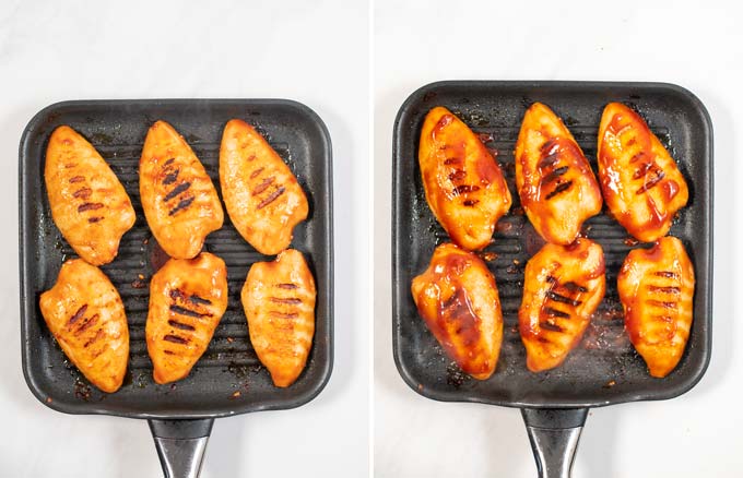 Side by side view of the Huli Huli Chicken being grilled in a pan.