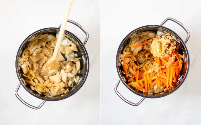 Side by side view of a large pot in which first vegan chicken and onions are fried, then mixed with the vegetable ingredients.