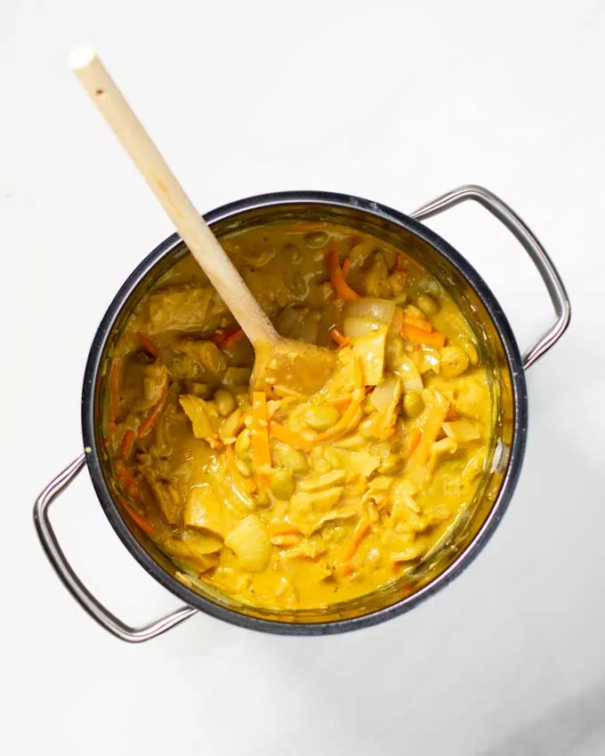 Top view of a large pot with the fully mixed Japanese Curry.