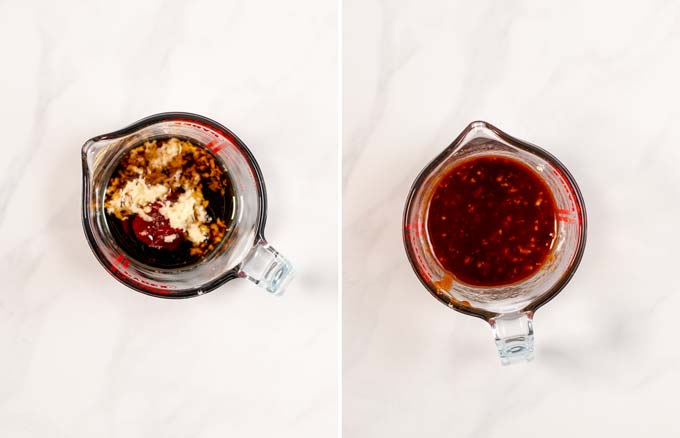 Side by side view of a glass jar in which the Korean Stir Fry Sauce is prepared.