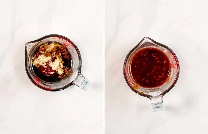 Side by side view of a glass jar in which the Korean Stir Fry Sauce is prepared.