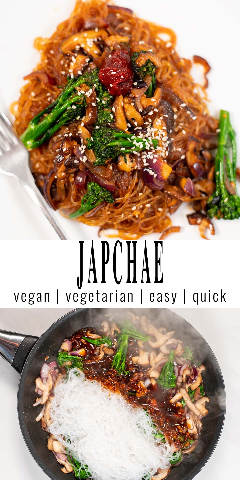 Collage of two pictures of Japchae with recipe title text.