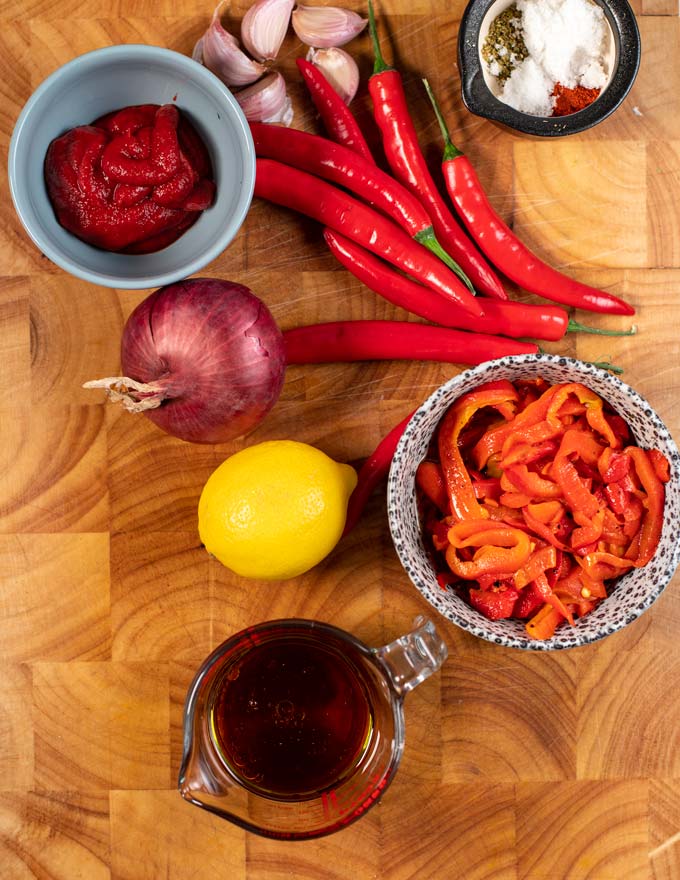 Ingredients needed for making Peri Peri Sauce are collected before preparation.