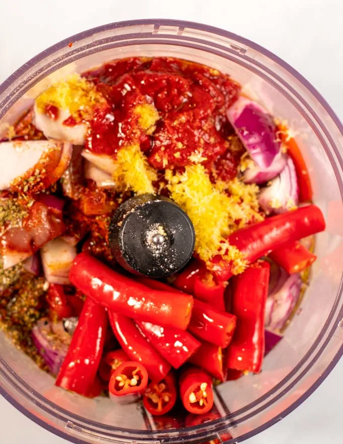 Closeup on the Peri Peri Sauce ingredients in the food processor.