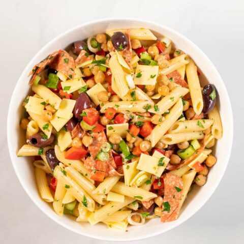 Large white bowl of Antipasto Salad.