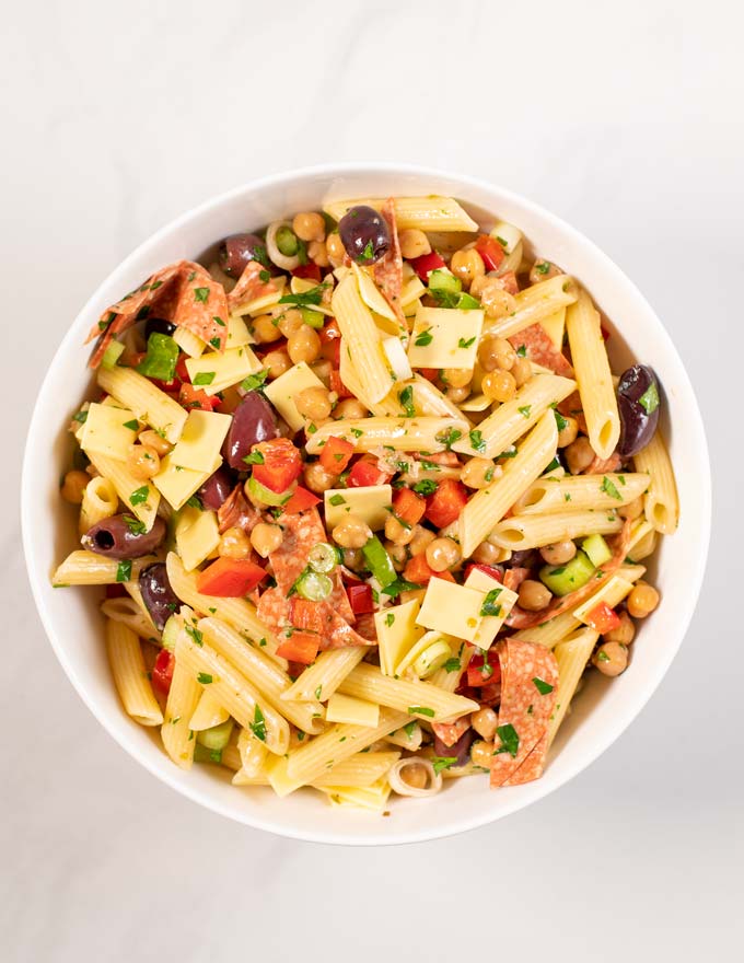 Large white bowl of Antipasto Salad.