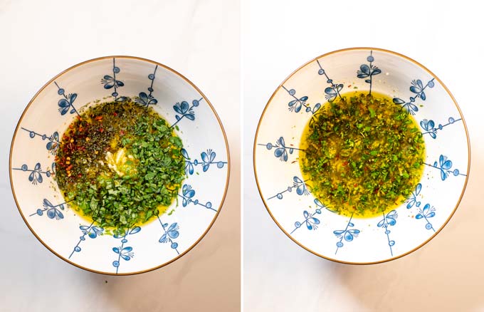 Side by side view of how the Bread Dipping Oil is made in a large bowl.