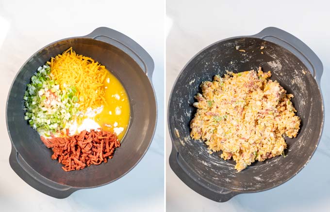 Side by side view of a large mixing bowl, showing the ingredients of Cheese Puffs before and after they have been mixed. 