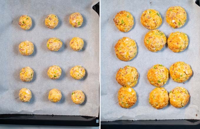 Side by side top view on a baking sheet with Cheese Puffs, before and after baking in the oven.