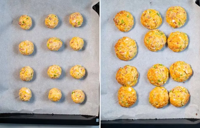 Side by side top view on a baking sheet with Cheese Puffs, before and after baking in the oven.