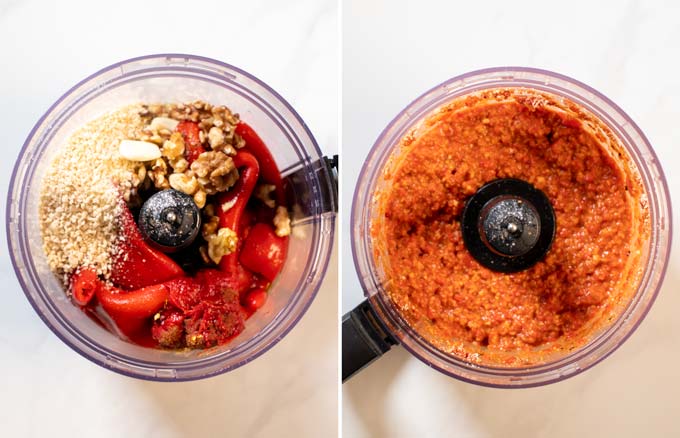 Side by side view showing the steps of preparation making the Muhammara in a food processor.